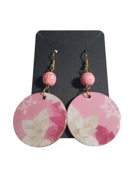 Pink White Poinsettia Drop Earring Round Beaded Hook Handmade By Donovan Jewelry